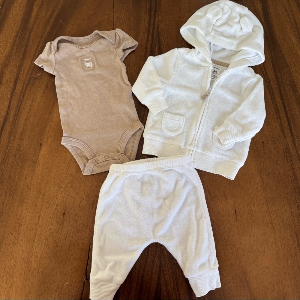 Carter’s Baby Neutral Tan Bodysuit, White Terry Cotton Sweat Set Size 3M